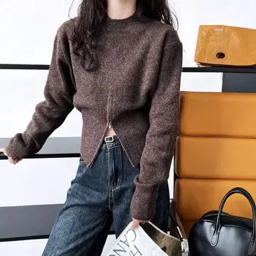 브라운 크롭 니트 스웨터 긴팔