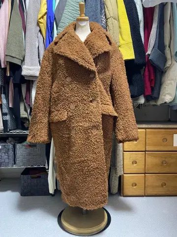 브라운 더블 브레스트 롱 코트 EMODA