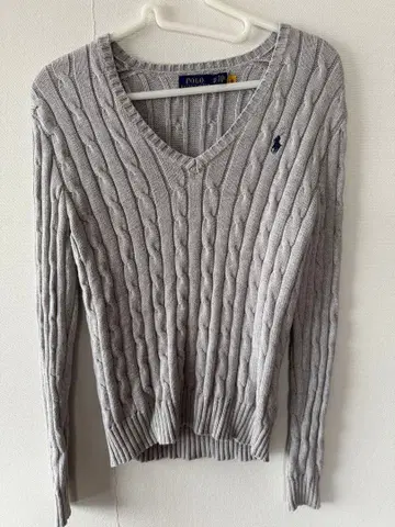 Polo 그레이 케이블 니트 V넥 스웨터