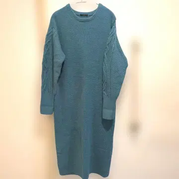 케이블 니트 소매 롱 드레스 청록색