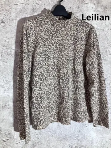 Leilian 캐시미어 실크 울 혼방 레오파드 무늬 하이넥 긴팔 상의