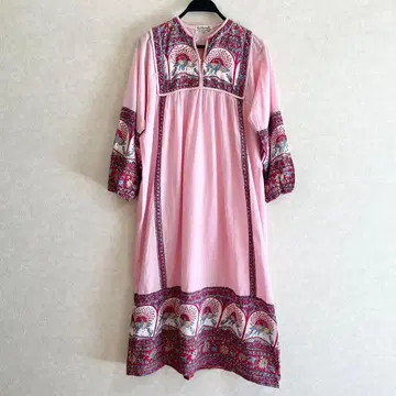 빈티지 인도 면 원피스 70s 80s 블록 프린트 공작