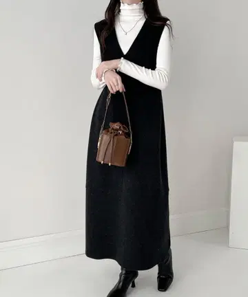 ABITOKYO 믹스 조 니트 멜톤 V넥 롱 오버롤 스커트