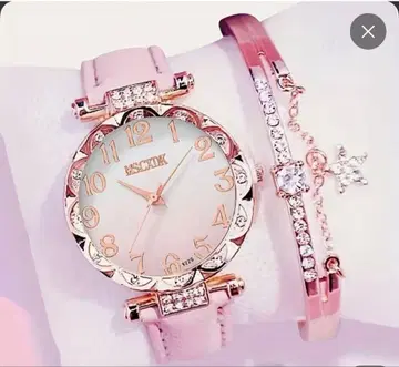 핑크 가죽 손목시계 팔찌 세트