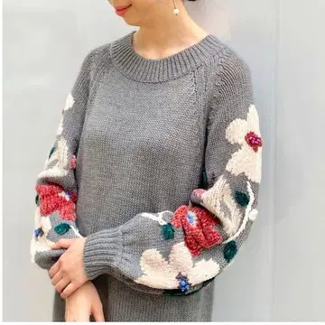 비어즐리 소매 자카드 원피스 니트 롱 꽃무늬 울 볼륨 소매