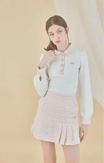 MINUERE tweed hem pleated skirt (pink)