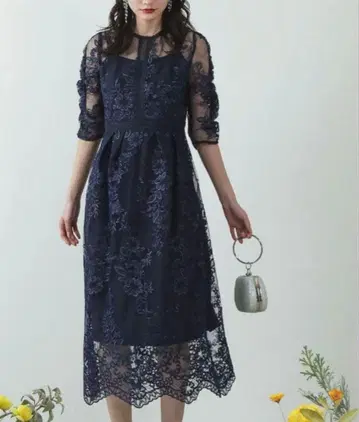 카나 레이스 자수 빈티지풍 파티 드레스 네이비 M