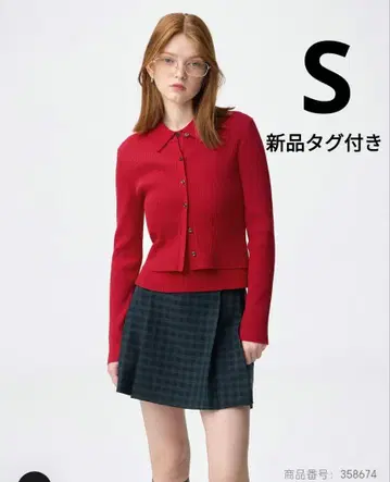 GU [ 새상품 ] 2피스 리브 폴로 가디건 S 앙상블 긴팔 레드