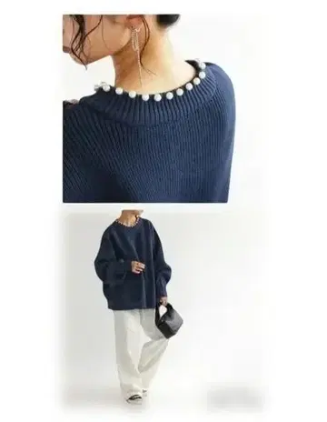 antiqua 펄 장식 니트 네이비
