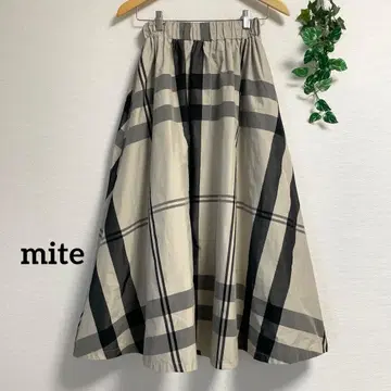 mite*아이보리 블랙 체크 플레어 스커트 발수성 롱 스커트