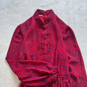 쇼와 레트로 달마시안 긴팔 롱 원피스 스탠드 카라 올 패턴 플리츠 ab