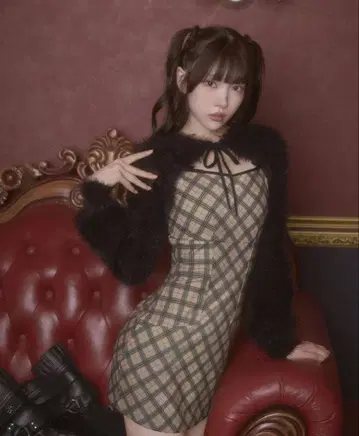 michellMacaron 오리지널 체크 무늬 앙상블 미니 원피스