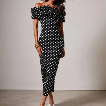 오프숄더 폴카 도트 원피스