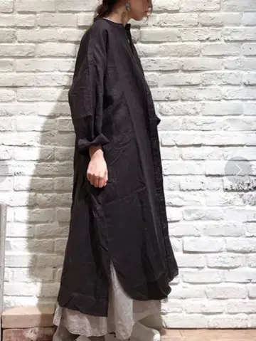 [ 미사용 새상품 ] 린넨 밴드 카라 프론트 오픈 원피스 SM2 블랙