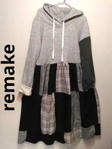 세일 중 구제 의류 리메이크 후드 부착 패치워크 긴팔 원피스
