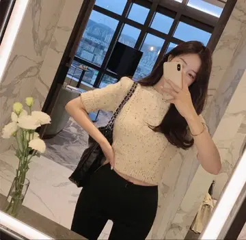 소매 롤 칼라 믹스 반팔 니트