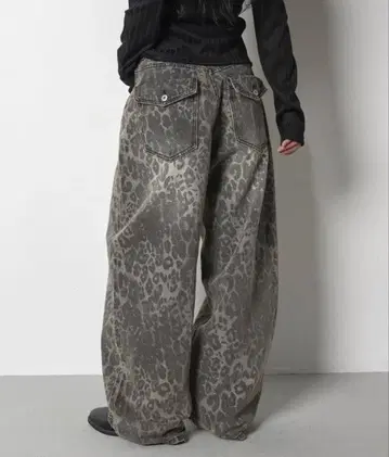 레오파드 프린트 와이드 데님 팬츠