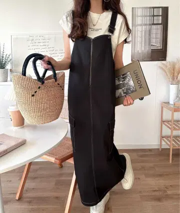 클래식 엘프 면 100% 배색 스티치 롱 기장 오버롤 스커트