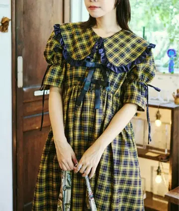[쿠티르와 레트로] 멀티웨이 빅 옷깃 체크 리본 원피스