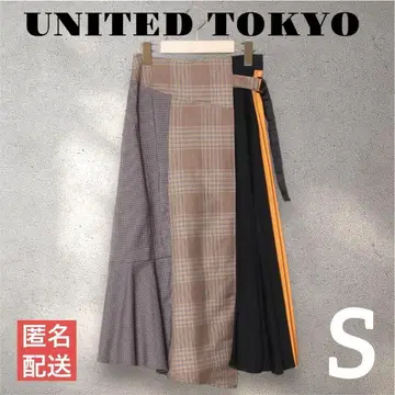 UNITED TOKYO 플레어 스커트 체크 무늬 비대칭 S 플리츠