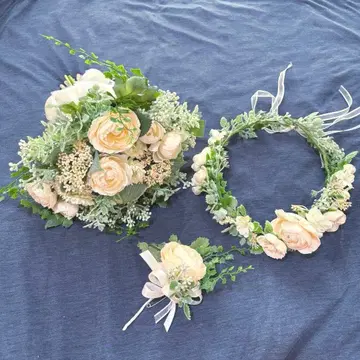 웨딩 부케 (조화) & 부토니에 & 화관 3종 세트