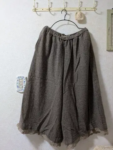 사만사 모스모스 밑단 레이스 와이드 팬츠 체크 무늬