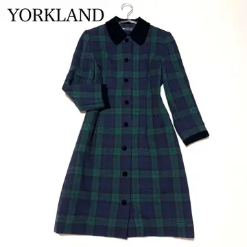 [요크랜드] 벨로아 옷깃 체크 무늬 코트 (M) 원피스 네이비 그린