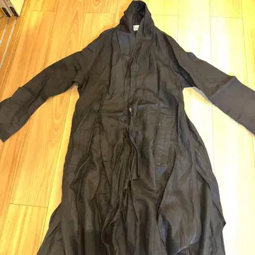 블랙 린넨 후드 부착 롱 가디건