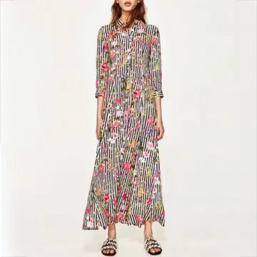 [ ZARA ] 플라워 프린트 스트라이프 롱 셔츠 원피스 앞 버튼 옷깃