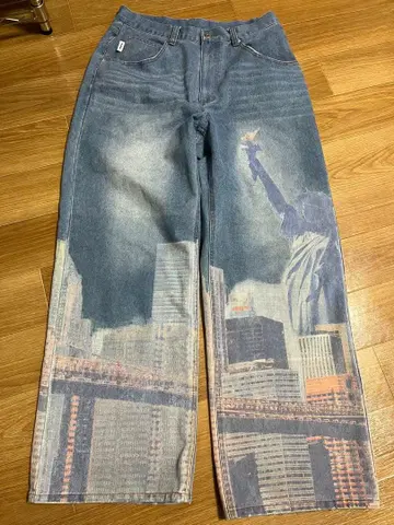 PERUSHU 페르슈 뉴욕 시티 프린트 와이드 데님