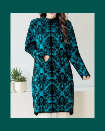 자카드 패턴 니트 튜닉 원피스 에메랄드 ML