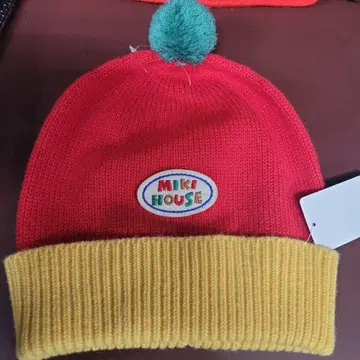 90s MIKI HOUSE 폼폼 포함 니트 모자 빨간색 옐로우 컬러