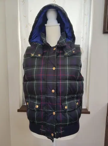 J CREW 체크 무늬 다운 베스트 (후드 부착)