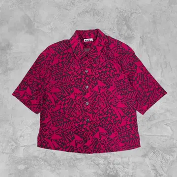90's vintage 올 패턴 오픈 카라 셔츠 기하학 패턴 핑크 모드