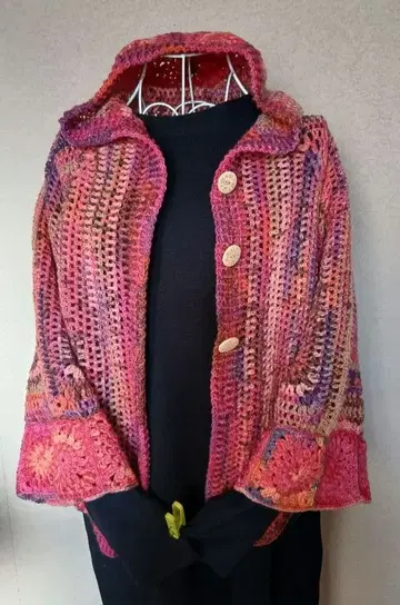 오팔 털실 / 후드 부착 가디건 숏 기장