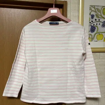 SAINT JAMES 7부 소매 티셔츠 화이트 핑크 스트라이프