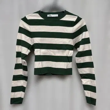 ZARA 그린 화이트 스트라이프 크롭 니트 M