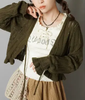 SPINNS 시스루 니트 볼레로 카키