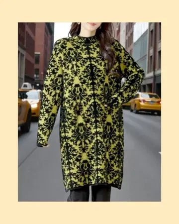 자카드 패턴 니트 튜닉 원피스 겨자 ML