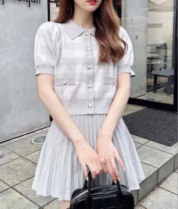 INGNI 옅은 퍼플 계열 체크 무늬 퍼프 슬리브 셋업 M 미사용 새상품