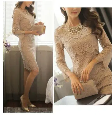 베이지 레이스 원피스 긴팔 페이즐리