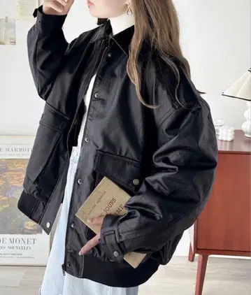 인조 가죽 빈티지 오버 블루종