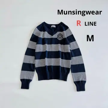 먼싱웨어 니트 스웨터 M 보더 V넥 네이비 x 그레이