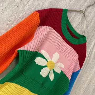 니트 꽃무늬 컬러풀 레트로 팝 보더 앤티크 핑크 그린 빨간색