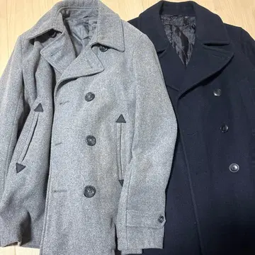 울 혼방 더블 브레스트 피 코트 그레이
