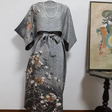 리메이크 기모노 롱 원피스 볼레로 포함 L 순수 실크 두드림 염색