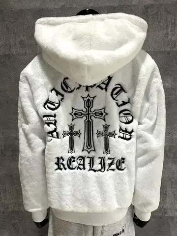 크로스 자수 보아 블루종 화이트 L 빅 실루엣 아메카지 자수 오샤레