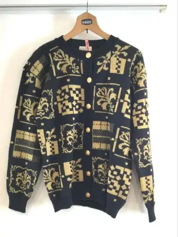 레트로 총무늬 패턴 니트 가디건 M 블랙 x 골드 O R I G 일본제