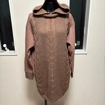 새상품급 픽시 하트 카멜 후드 부착 케이블 짜임 니트 후드티 L 튜닉