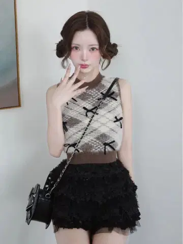 다리치 리본 샤기 체크 니트탑 브라운